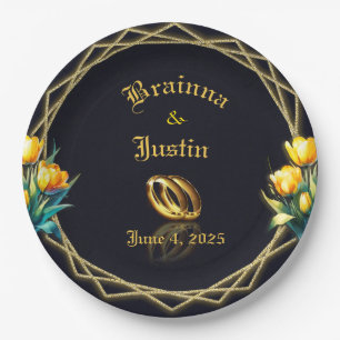 Elegant black and Gold Yellow Tulips Paper Plate