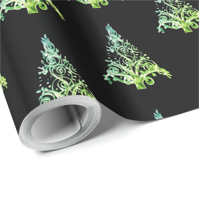 Elegant Black and Green Christmas Tree Pattern Wrapping Paper (Roll Corner)