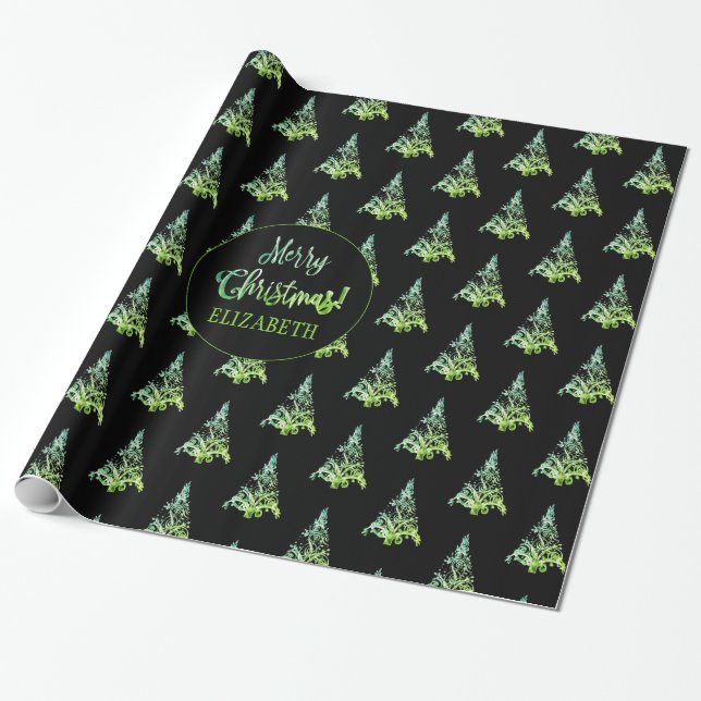 Elegant Black and Green Christmas Tree Pattern Wrapping Paper (Unrolled)
