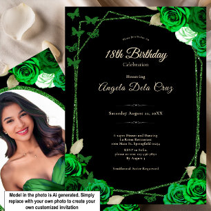 Elegant Black and Green Rose 18th Birthday Debut Invitation