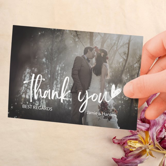 Elegant Black and Grey 2 Photo Script Wedding Thank You Card (Elegant Black and Grey 2 Photo Script Wedding Thank You Card)