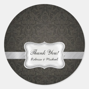 Elegant Black and Grey Damask Thank You Classic Round Sticker
