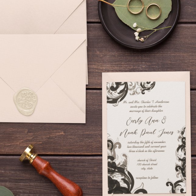 Elegant Black and Grey Swirl Wedding Invitation (Creator Uploaded)