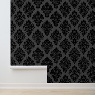 Elegant Black and Grey Velvet Damask Wallpaper