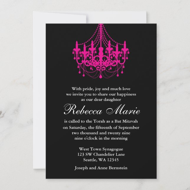Elegant Black and Hot Pink Chandelier Bat Mitzvah Invitation (Front)