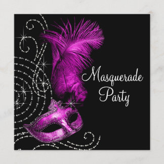 Elegant Black and Hot Pink Masquerade Party Invitation