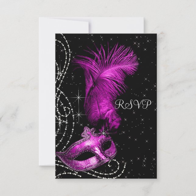Elegant Black and Hot Pink Masquerade Party RSVP (Front)