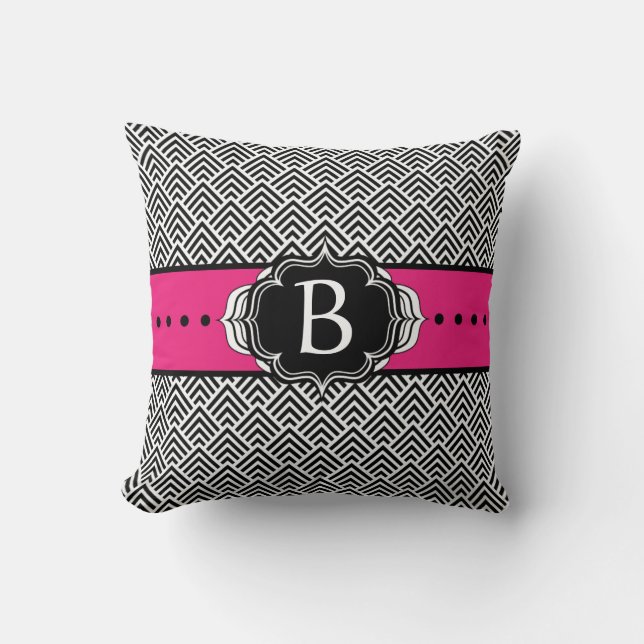 Elegant Black and Hot Pink ZigZag Chevron Pattern Cushion (Front)