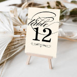 Elegant Black and Ivory Calligraphy Wedding Table Number<br><div class="desc">Each table number card must be customised via Personalise it" and individually added to the shopping cart. Elegant black and soft white / light ivory design includes a flourished calligraphy script and scroll detail on the front and back sides of the card (two-sided design). Note: ivory background can be customised...</div>