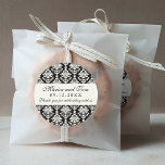 Elegant Black and Ivory Damask Wedding Monogram Classic Round Sticker<br><div class="desc">"Thank you for celebrating with us" wedding favour sticker.  Formal and elegant script and damask pattern design in ivory and black colours.</div>