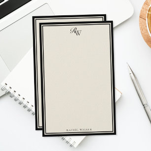 Elegant Black and Ivory Monogram Two Border Stationery