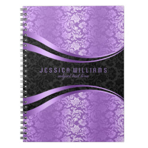Elegant Black And Lavender Floral Damasks Pattern Spiral Notebook