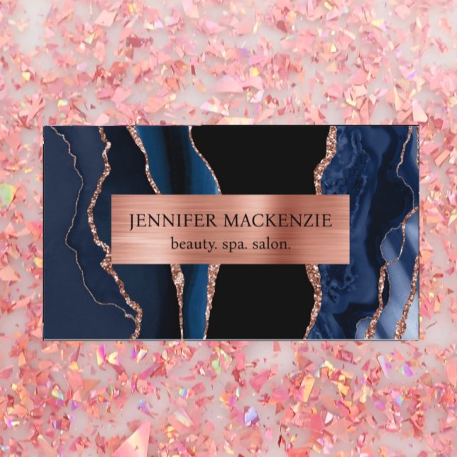 Elegant Black and Navy Blue Rose Gold Agate Luxury Business Card (Creator Uploaded)
