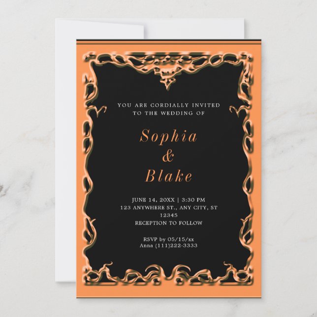 Elegant Black and Orange Art Deco Wedding Invitation (Front)