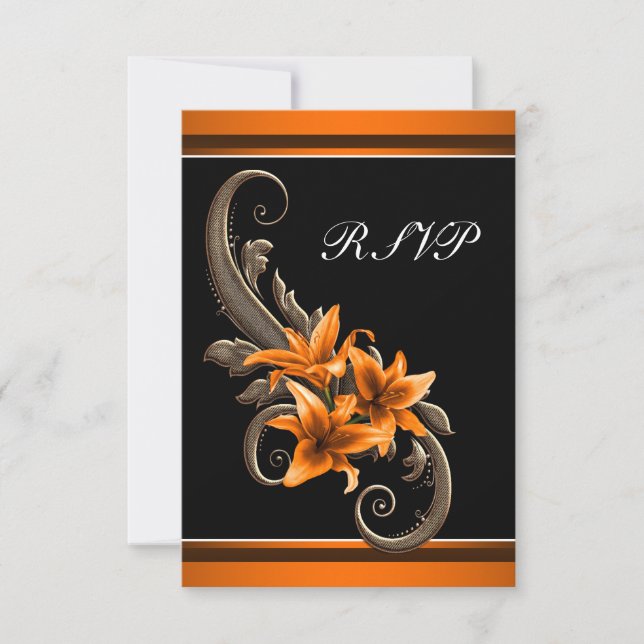 Elegant Black and Orange Asiatic Lily Wedding RSVP Card (Front)