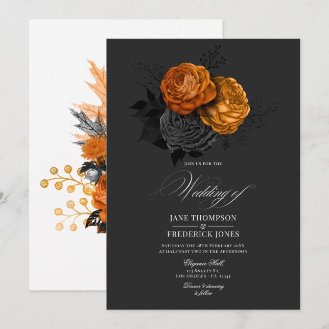 Elegant Black and Orange Gothic Floral Design Invitation (Front/Back)