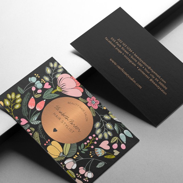 Elegant black and pastel pink floral beauty salon business card (Creator Uploaded)