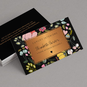 Elegant black and pastel pink floral home interior business card