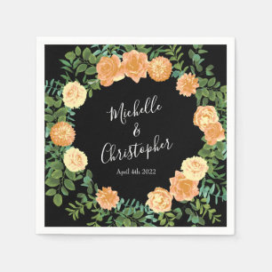 Elegant Black and Peach Rose Wedding Napkin
