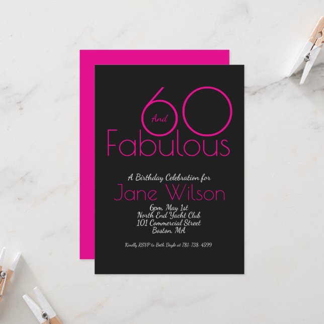 Elegant Black and Pink 60 and Fabulous Birthday  Invitation (Front/Back In Situ)