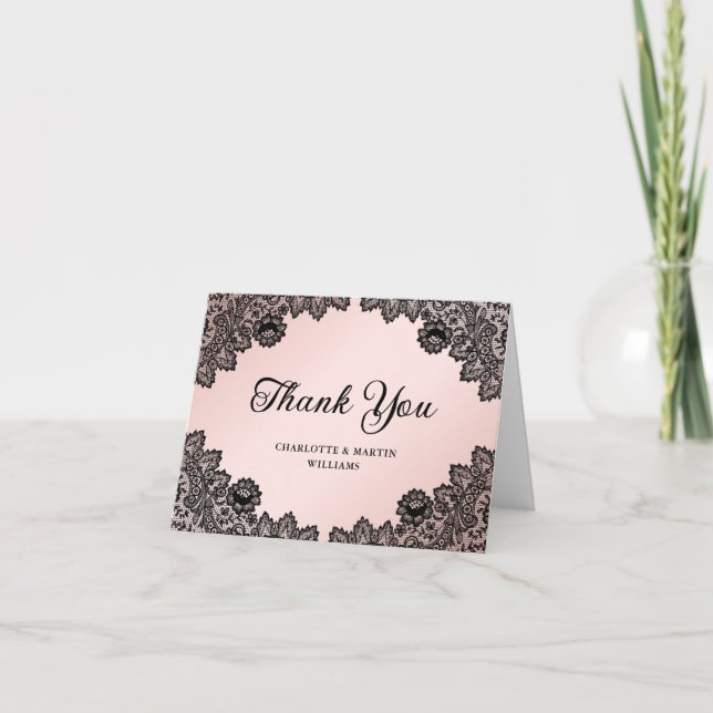 Elegant Black and Pink Chic Floral Lace Wedding Thank You Card (Front)