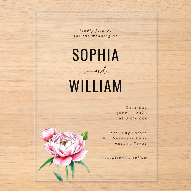 Elegant Black and Pink Floral Acrylic Invitations (Front)