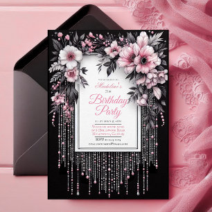 Elegant Black and Pink Floral Birthday Invitation