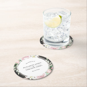 Elegant Black and Pink Floral Wedding Round Paper Coaster
