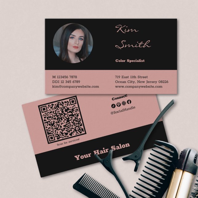Elegant Black and Pink QR Code Hair Salon Employee Business Card (Elegant Black and Pink QR Code Hair Salon Employee Business Card)