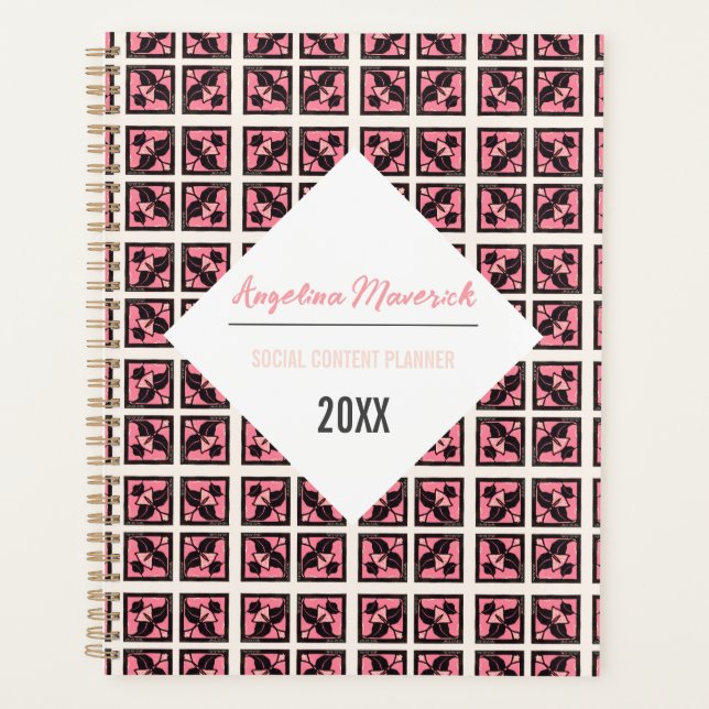 Elegant Black and Pink Square Flowers Pattern Planner (Front)