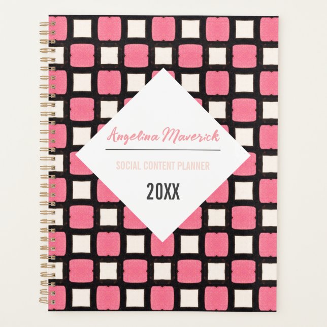 Elegant Black and Pink Square Pattern Planner (Front)