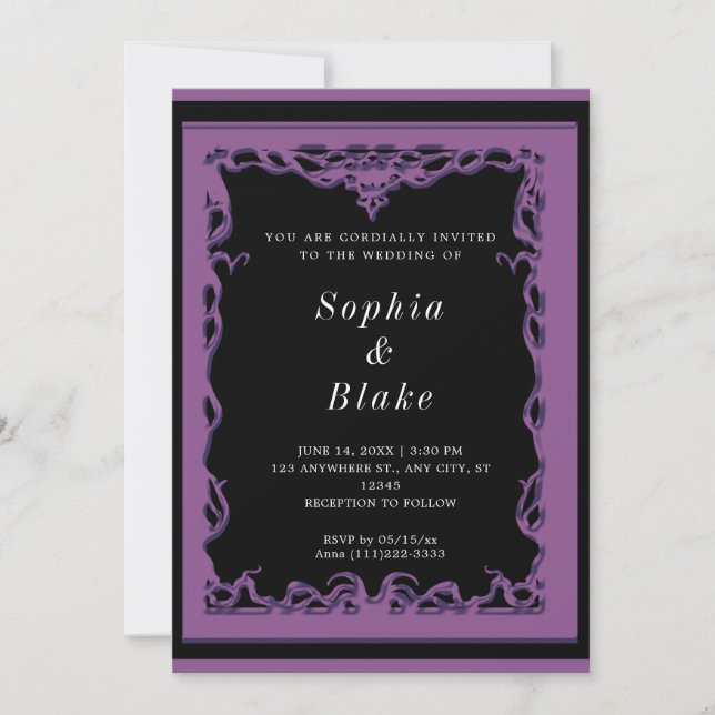Elegant Black and Purple Art Deco Wedding Invitation (Front)