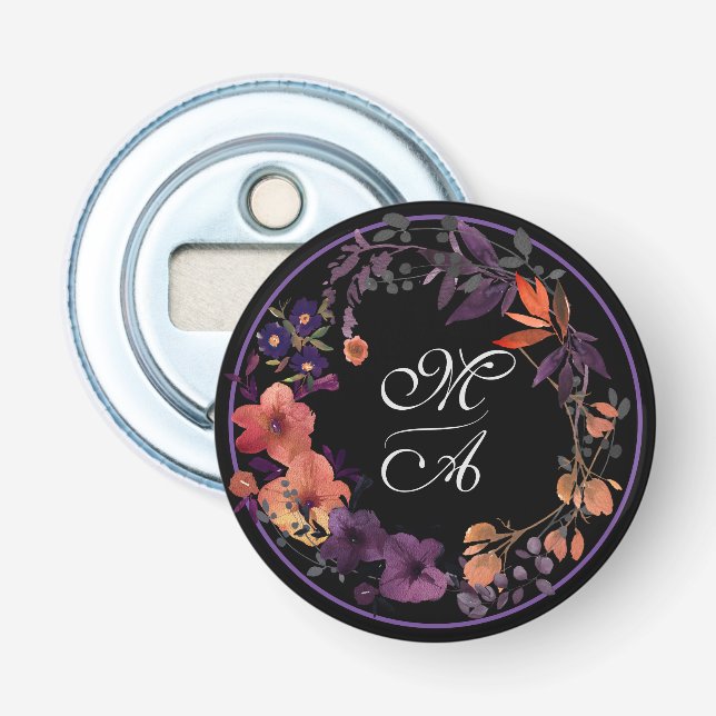 Elegant Black and Purple Floral Wedding Favour Bottle Opener (Front)