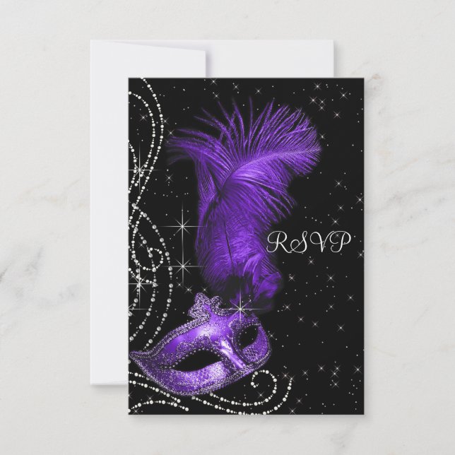 Elegant Black and Purple Masquerade Party RSVP Card (Front)