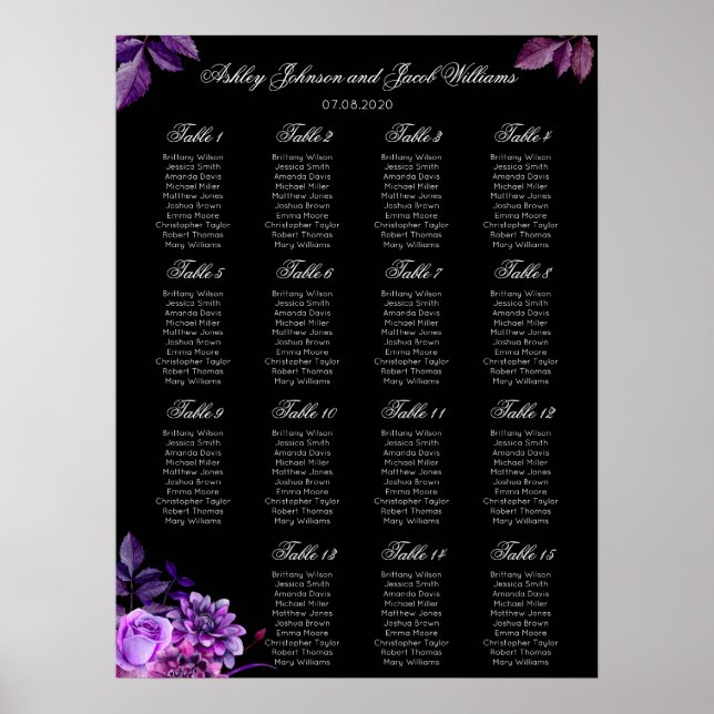 Elegant black and purple wedding seating chart (Front)