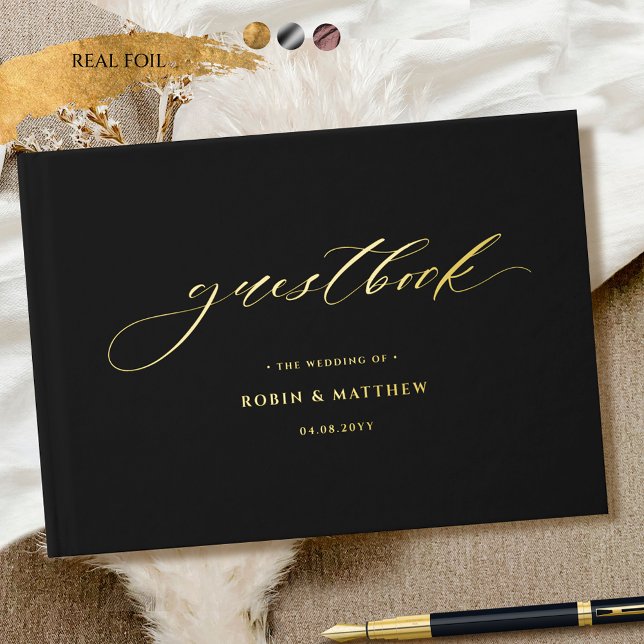 Elegant Black and Real Foil Calligraphy Wedding Guest Book (Creator Uploaded)