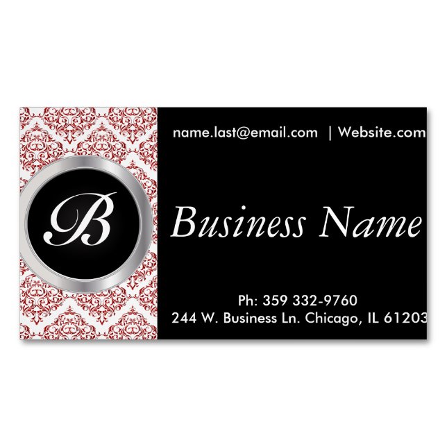 Elegant Black and Red Damask Magnetic Business Card (Front)