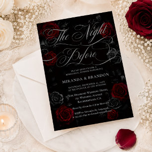 Elegant Black and Red Floral Rehearsal Dinner Invitation