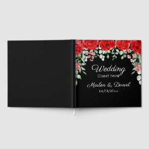 Elegant Black And Red Floral Wedding guest book