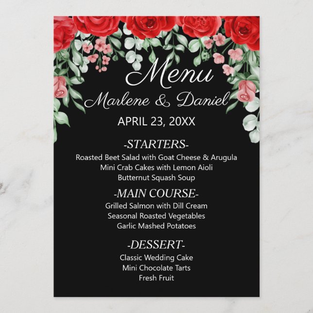 Elegant Black And Red Floral Wedding  Menu (Front)