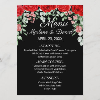 Elegant Black And Red Floral Wedding  Menu