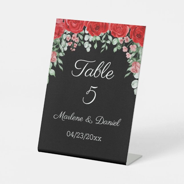 Elegant black and Red floral Wedding table number Pedestal Sign (Front)