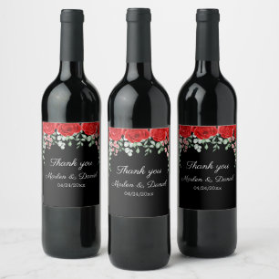 Elegant Black And Red Floral Wedding  Wine Label