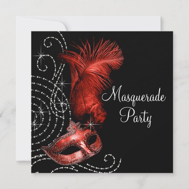 Elegant Black and Red Masquerade Party Invitation (Front)