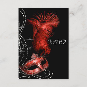 Elegant Black and Red Masquerade Party RSVP Card