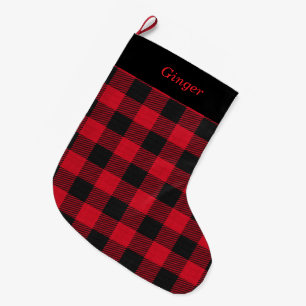 Elegant Black and Red Plaid Personalised Large Christmas Stocking