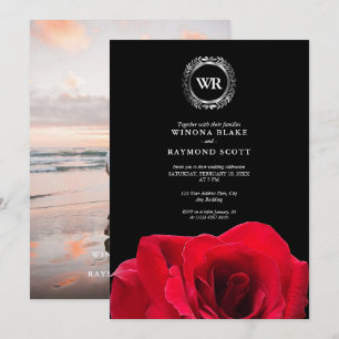 Elegant Black and Red Rose Silver Laurel Initials Invitation