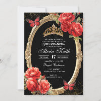 Elegant Black and Red Roses Gold Quinceanera