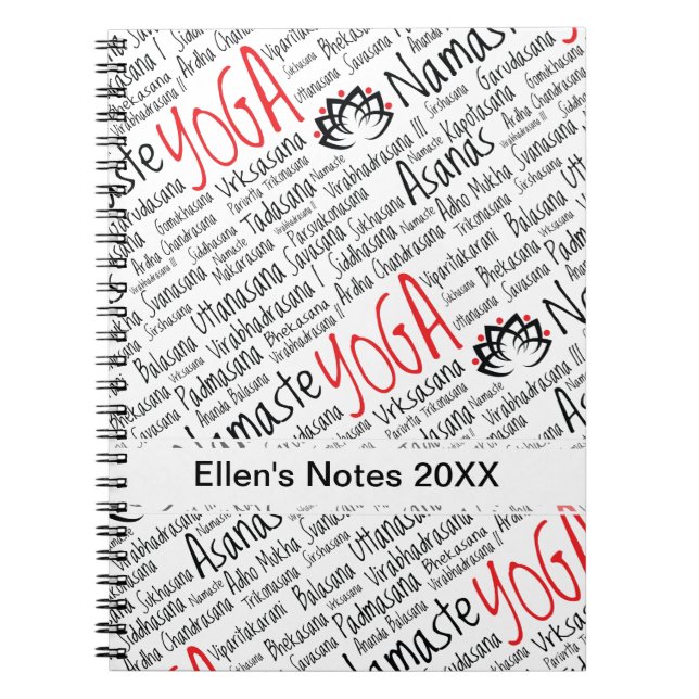 Elegant Black and Red Yoga Positions Lotus Blossom Spiral Notebook (Front)