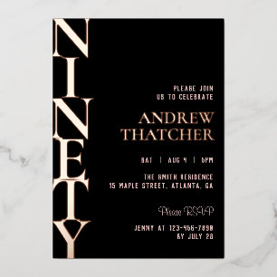 Elegant Black and Rose Gold 90th Birthday Foil